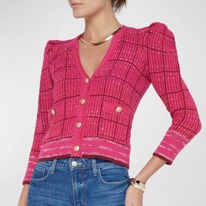 L'AGENCE Jenni Pink Cardigan Plaid Gold Button Three Quarter - size x-small.